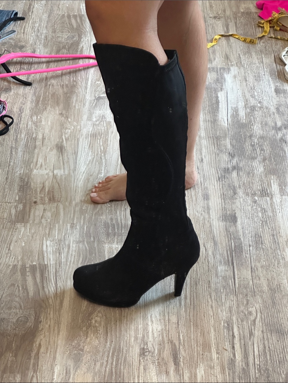 Black Knee-High Suede Boots - 8.5 stretchy calves panel zip up 3.5” heel - Picture 1 of 4